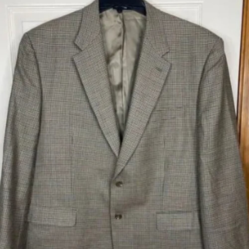 Ralph Lauren Blazer Men 46R Tan Houndstooth 2 B‎ Silk Wool Flannel Coat Luxury